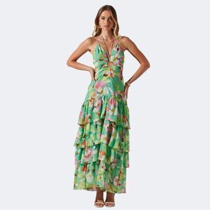 ASTR The Label Aneira Floral Tiered Dress In Green Pink Multi Size L